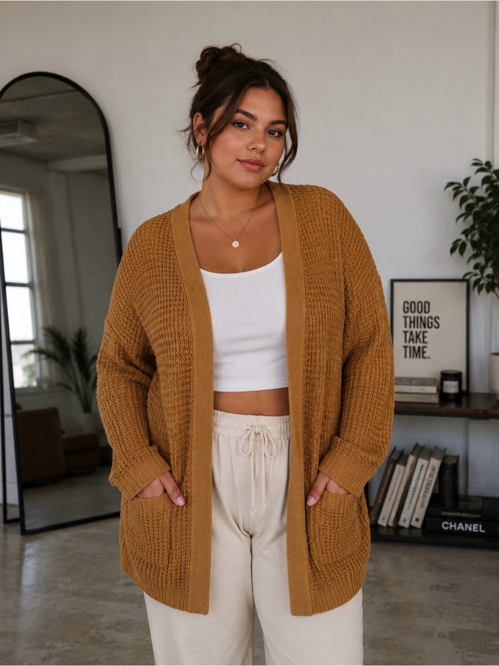 Ambiance Apparel Cozy Open-Front Mustard Cardigan Sweater